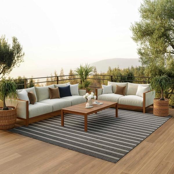 Nourison Positano Charcoal Ivory Indoor/Outdoor Striped Rug POS03 Home