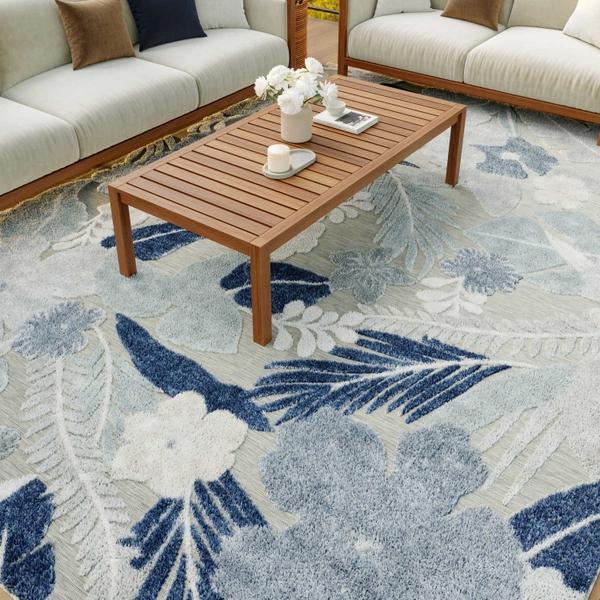 Nourison Suncoast Grey Navy Indoor/Outdoor Floral Rug SNC01