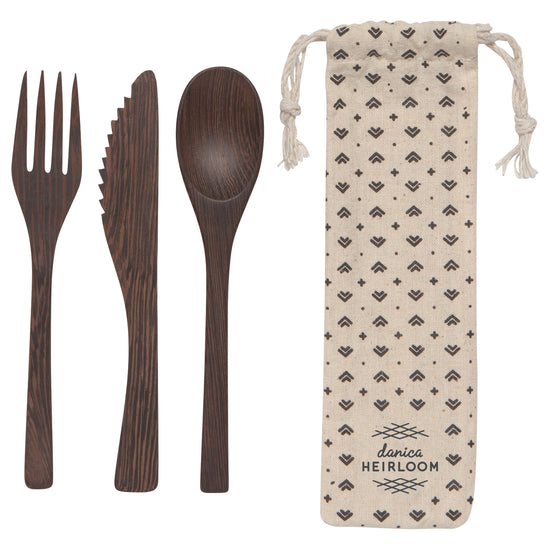now designs Heirloom 3 pc ebony wood cutlery set with storage bag