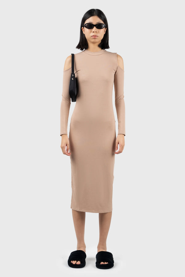 nu in COLD SHOULDER HIGH NECK MIDI DRESS