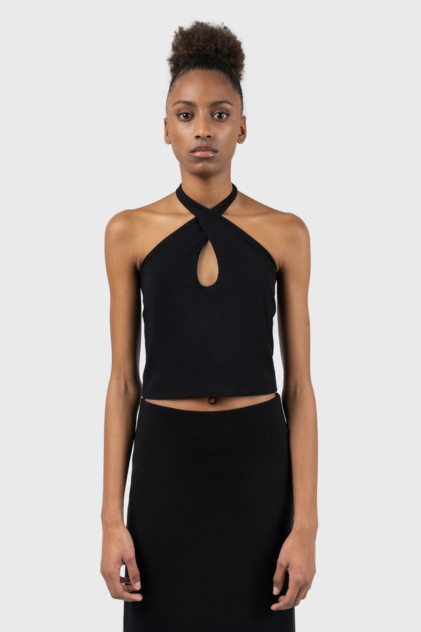 Nu In CROSS HALTERNECK JERSEY CROPPED TOP