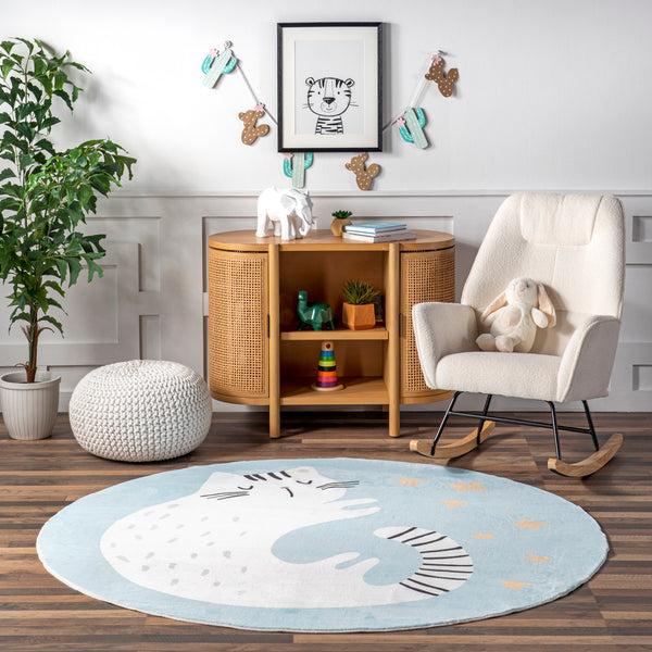 Nuloom Adalynn Sleepy Cat Kids Machine Washable Area Rug Blue