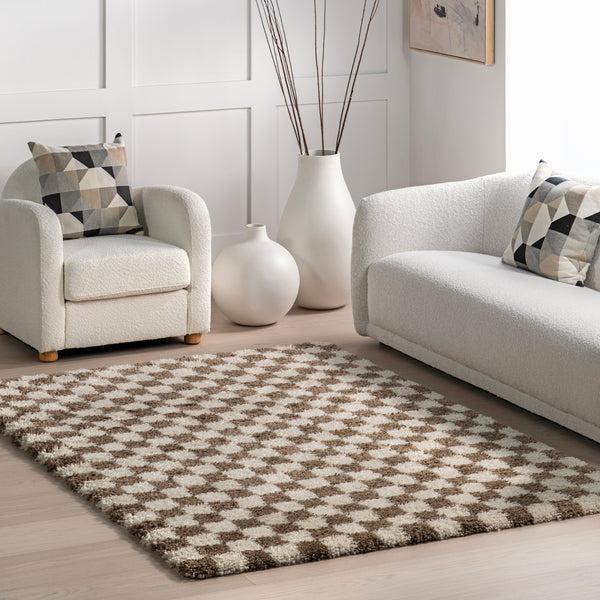 Nuloom Adelaide Mid-Century Checkered Shag Area Rug Beige