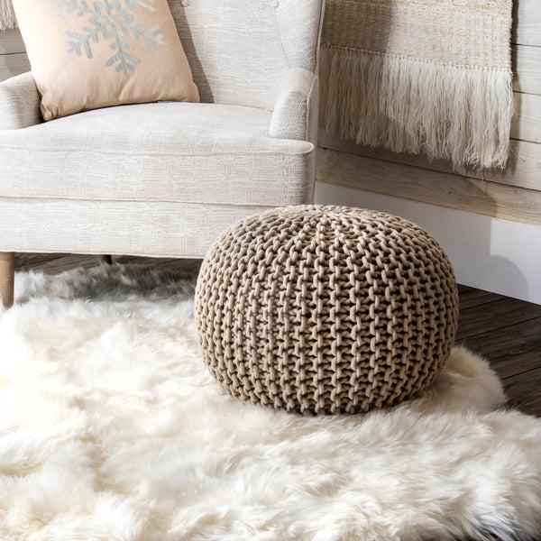 Nuloom Bruges Knit Cotton Solid Round Filled Ottoman Pouf Beige