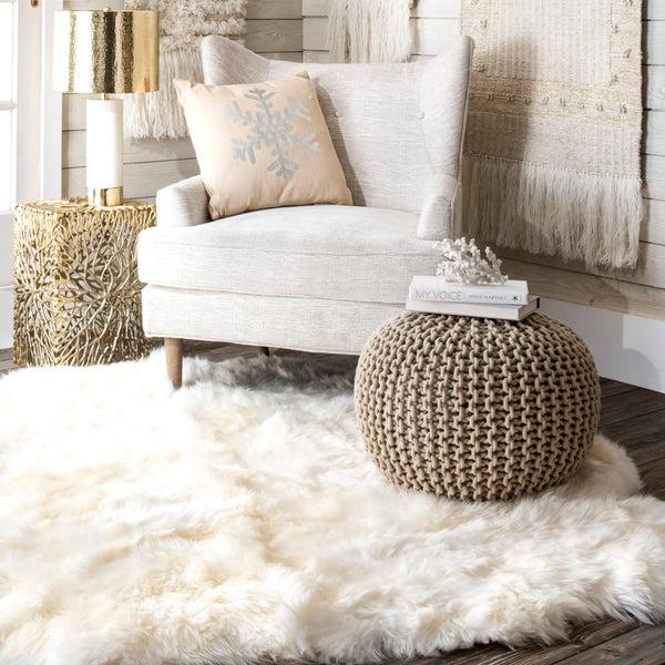 Nuloom Bruges Knit Cotton Solid Round Filled Ottoman Pouf Beige