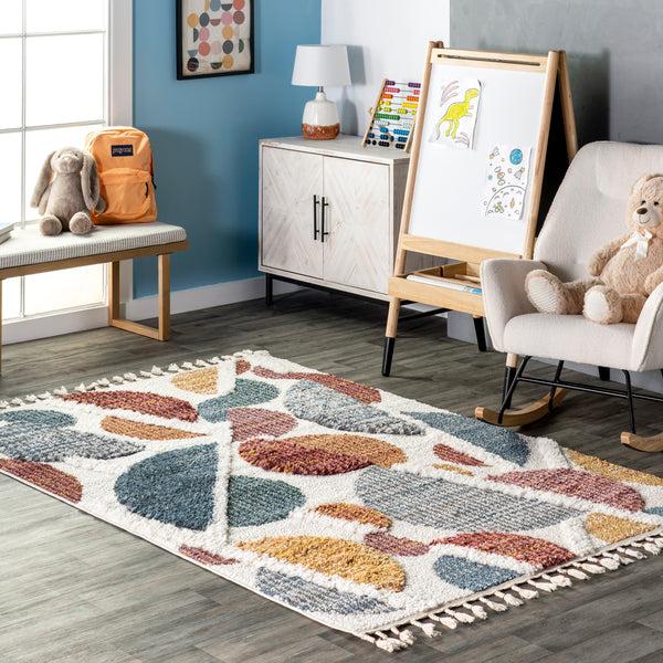 Nuloom Chaya Abstract High/Low Kids Tassel Area Rug Ivory