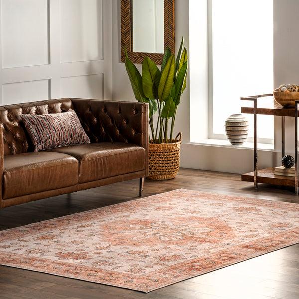 Nuloom Dawson Machine Washable Distressed Medallion Area Rug Peach