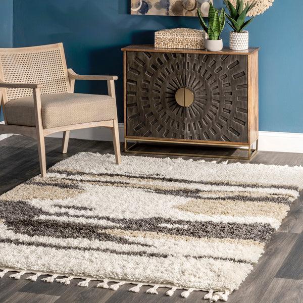 Nuloom Elliot Abstract Cloud Shag Tassel Area Rug Beige