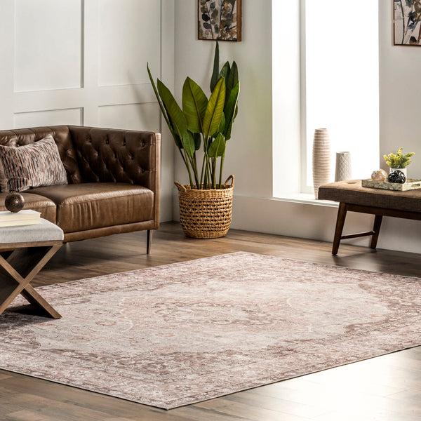 Nuloom Elsa Machine Washable Floral Blossom Medallion Area Rug Beige