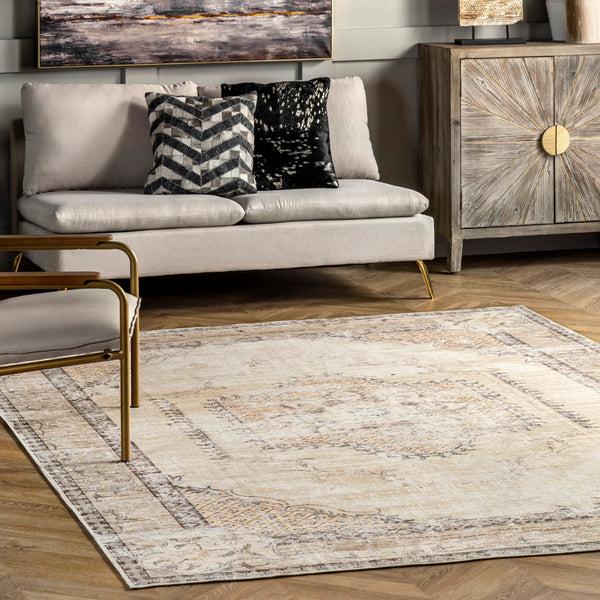 Nuloom Glenda Machine Washable Faded Medallion Area Rug Light Grey