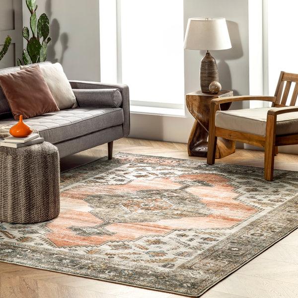 Nuloom Gracie Distressed Medallion Machine Washable Area Rug Peach
