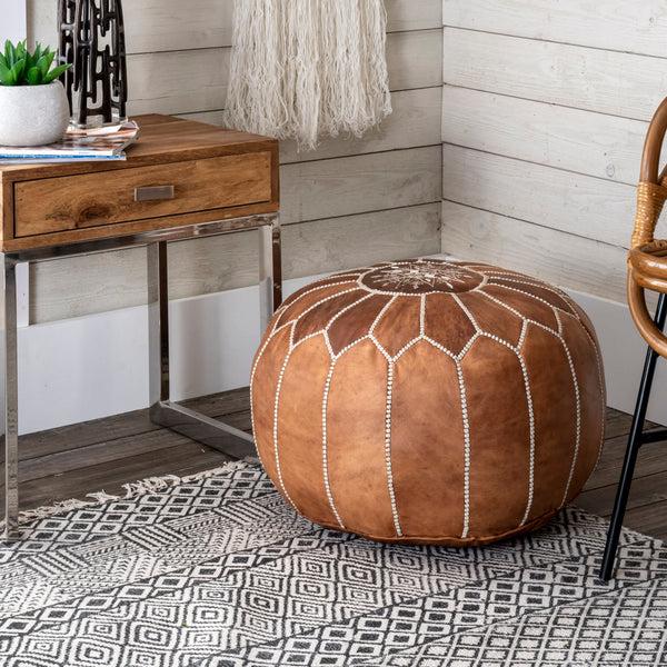 Nuloom Handmade Moroccan Leather Filled Ottoman Pouf Dark Grey
