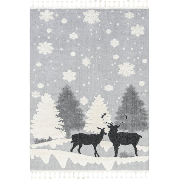 nuloom Jade Holiday Reindeer Tasseled Area Rug Light Grey