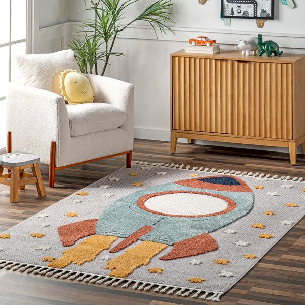 Nuloom Journee Rocket Ship High-Low Kids Tasseled Area Rug Multi