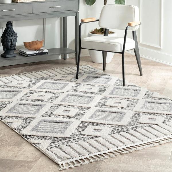 Nuloom Journey Shaggy Checkered Tiles Tassel Area Rug Grey
