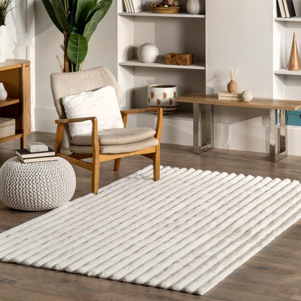 Nuloom Kai Stripe Faux Rabbit Machine Washable Area Rug Off White