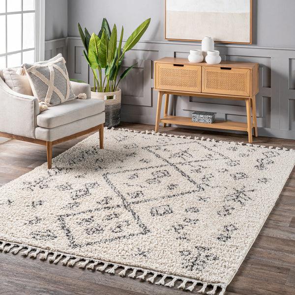 Nuloom Kayla Moroccan Abstract Tassel Rug Off White