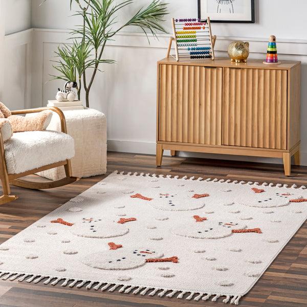 Nuloom Kilah Snowmen High-Low Kids Tasseled Area Rug Off White