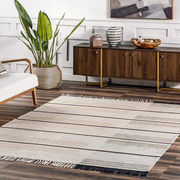Nuloom Nicky Contemporary Striped Wool Tassel Area Rug Beige