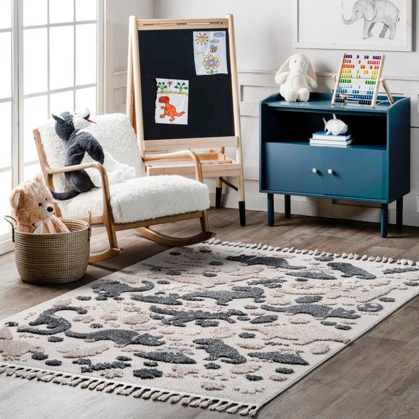 Nuloom Aaran Dinosaur Kids Tasseled Area Rug Beige