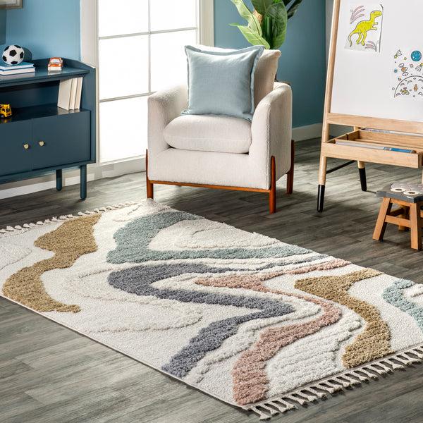 Nuloom Abstract Striped Kids Tassel Area Rug Beige