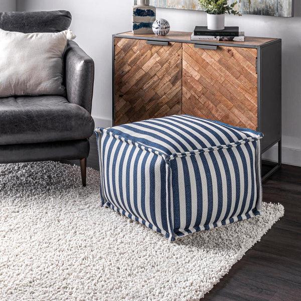 Nuloom Porto Striped Indoor/Outdoor Filled Ottoman Pouf Blue