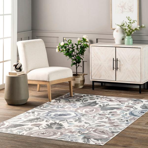 Nuloom Tiffani Floral Machine Washable Stain-Resistant Area Rug Ivory