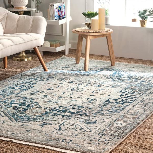 Nuloom Vintage Harriet Medallion Fringe Area Rug Light Blue