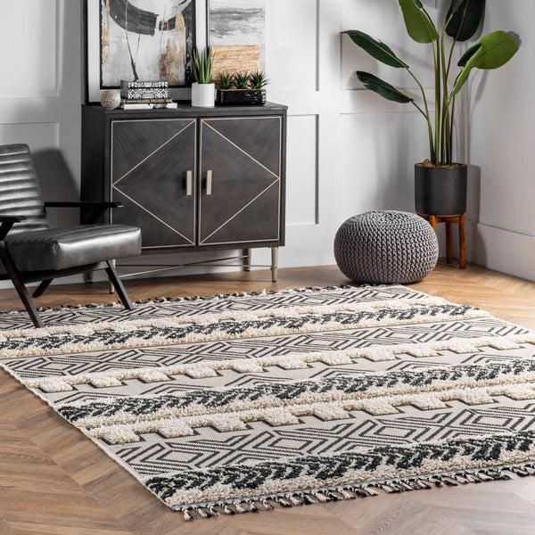 Nuloom Zuri Shaggy Banded Tribal Area Rug Light Grey