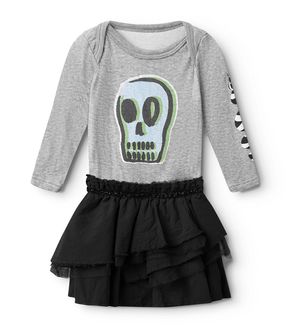 nununu dizzy skull onesie skirt heather grey