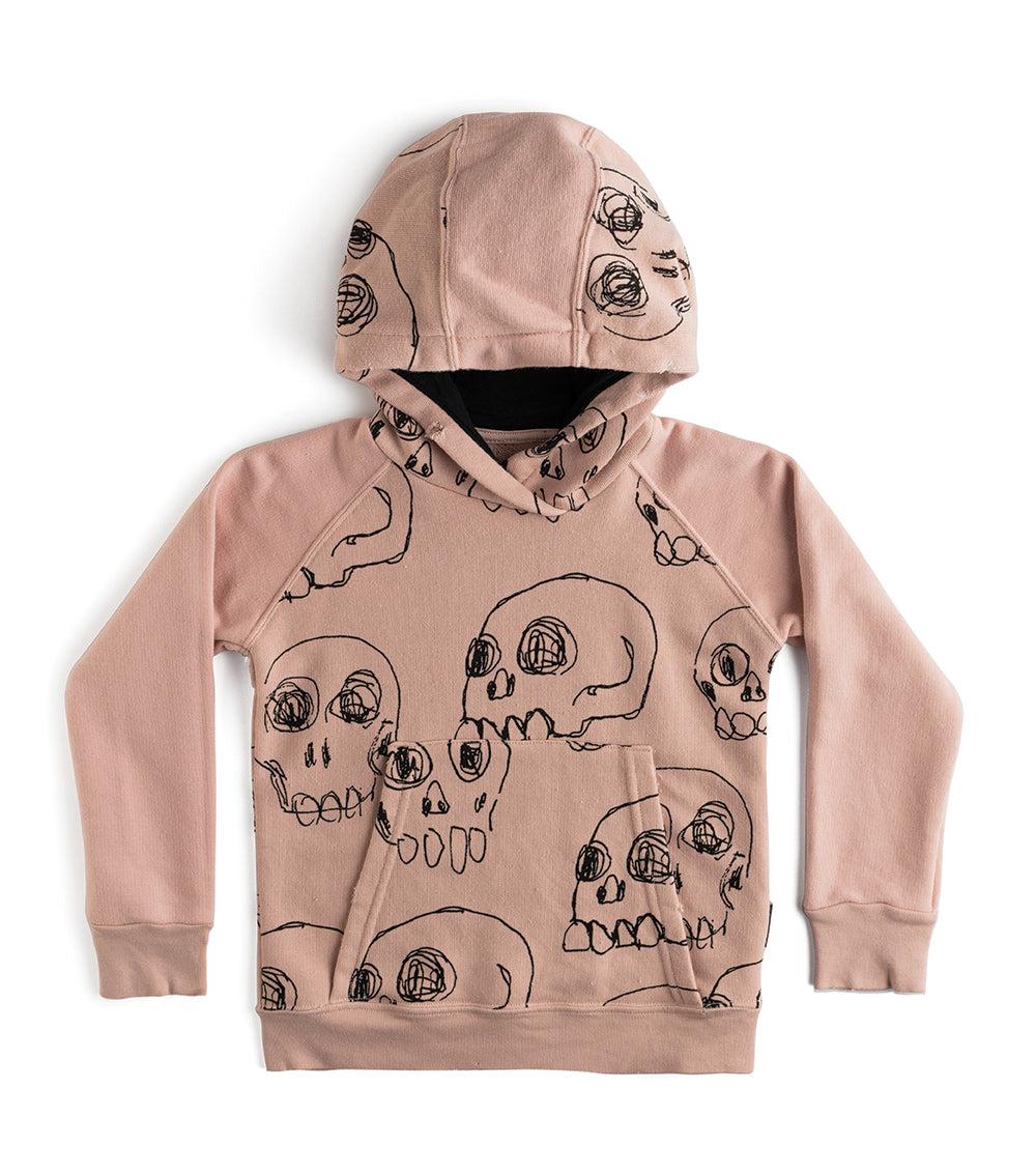nununu scribbled skulls hoodie powder pink
