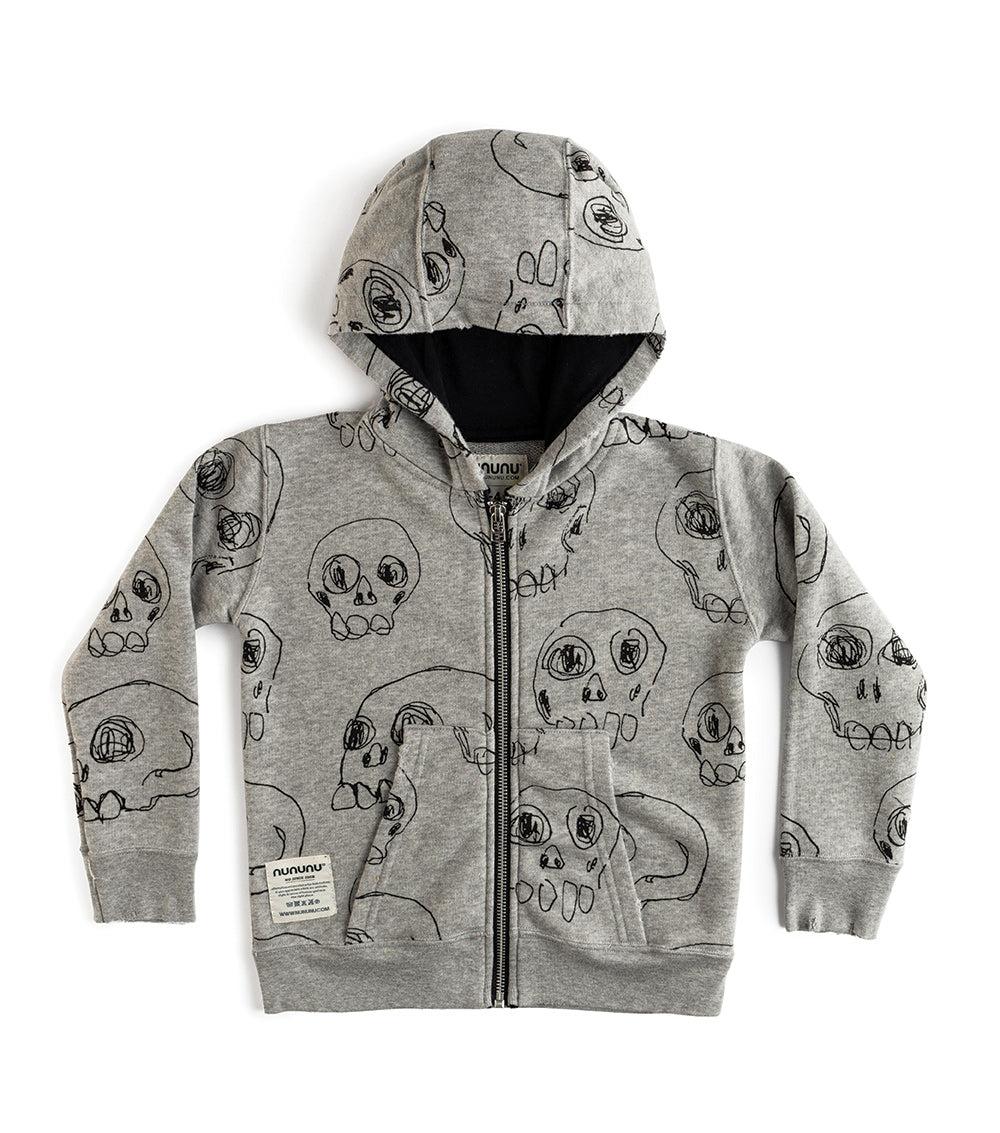 nununu scribbled skulls zip hoodie heather grey