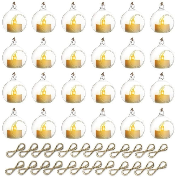 nuptio 10/20/30Pcs Hanging Glass Tealight Holder with LED Candle