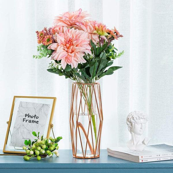 Nuptio Geometric Clear Metal Flowers Vase Set Of 2 Decorative Glass Vase With Metal Wire