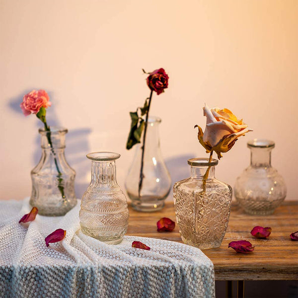 Nuptio Glass Bud Vase Set Of 5 Decorative Rustic Vases Embossed For Home Decor