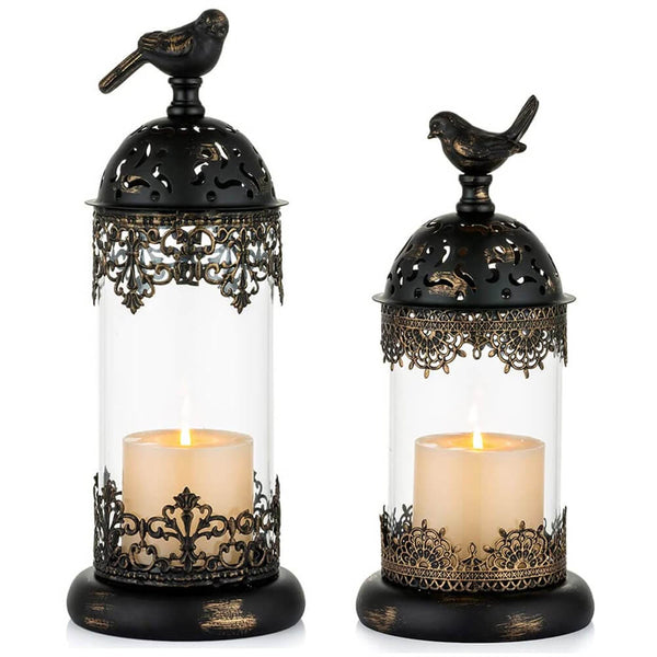 Nuptio Set Of 2 Vintage Pillar Hurricane Candle Holders Decorative Lanterns Home Decor