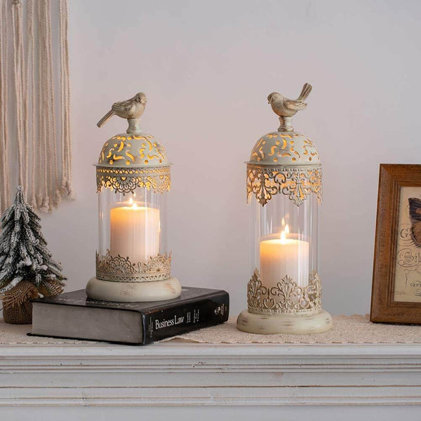 Nuptio Set Of 2 Vintage Pillar Hurricane Candle Holders Decorative Lanterns Home Decor