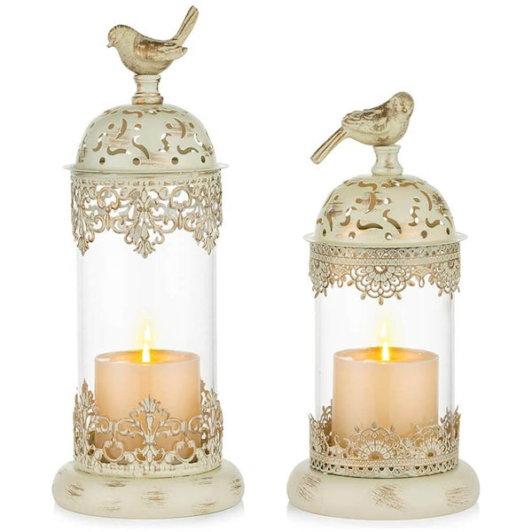 nuptio Set of 2 Vintage Pillar Hurricane Candle Holders Decorative Lanterns Home Decor