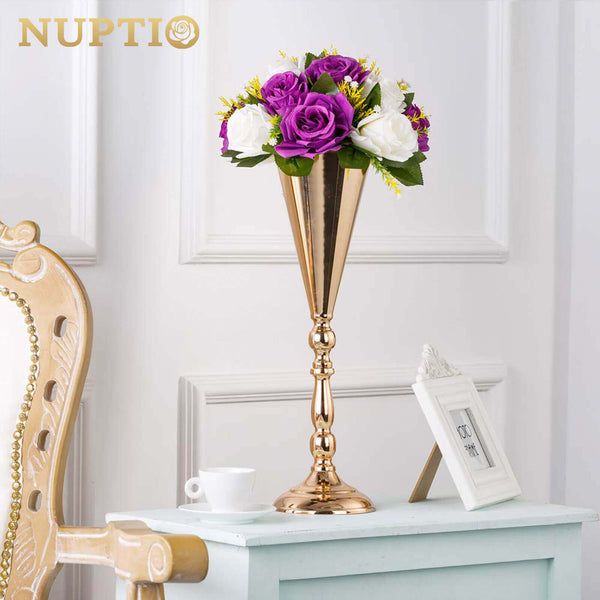 Nuptio Trumpet Vase Gold Wedding Centerpieces 16.5" Set Of 2
