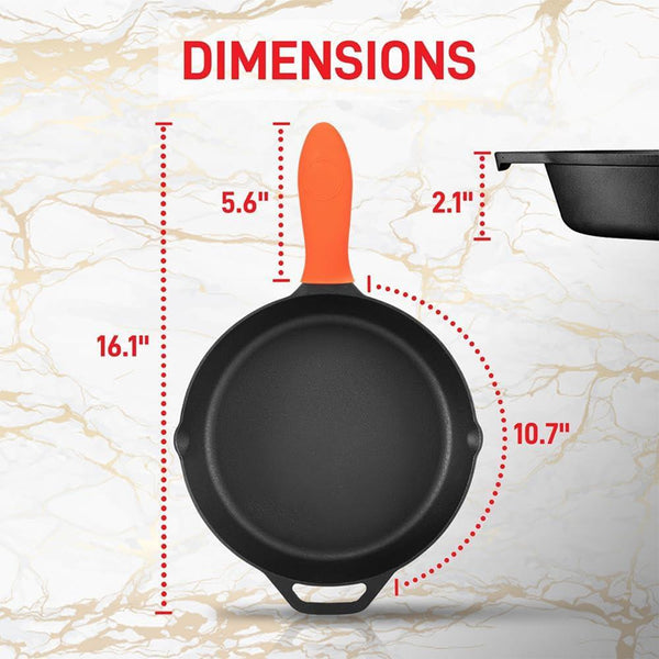 Nutrichef 10" Cast Iron Skillet With Lid - Non-Stick Oven Safe Orange Handle