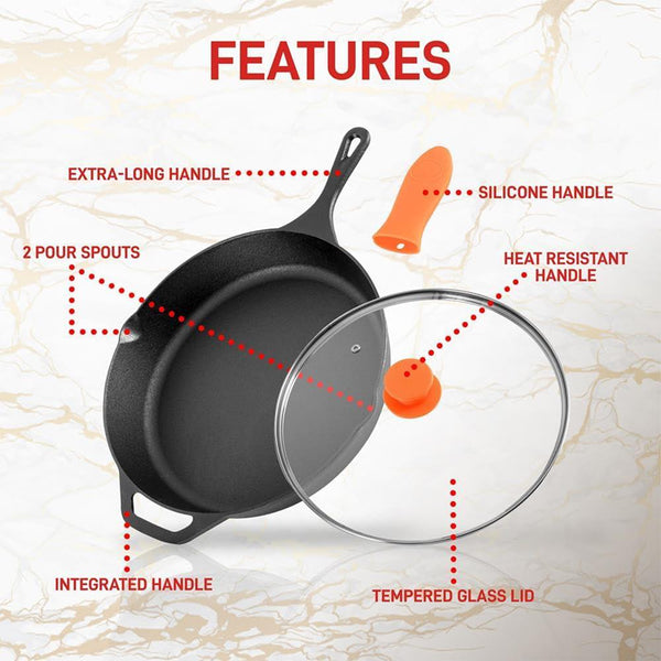 Nutrichef 10" Cast Iron Skillet With Lid - Non-Stick Oven Safe Orange Handle