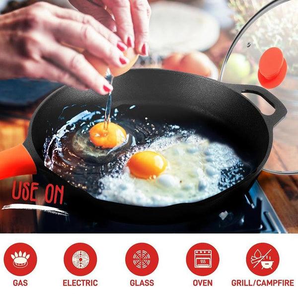 Nutrichef 10" Cast Iron Skillet With Lid - Non-Stick Oven Safe Orange Handle