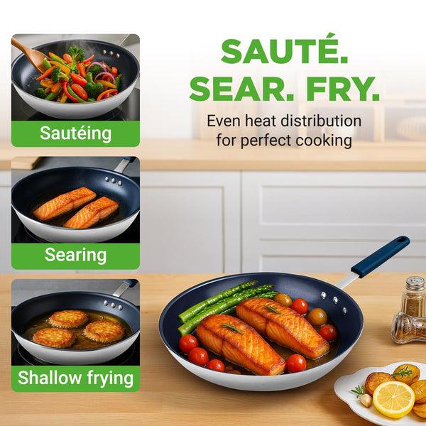 Nutrichef 10" Nonstick Fry Pan - Easy Clean Ceramic Coating Blue Silicone Handle