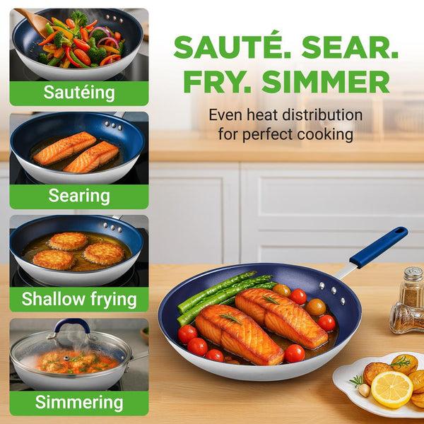 Nutrichef 10" Nonstick Fry Pan With Lid Ceramic Coating Blue Silicone Handle