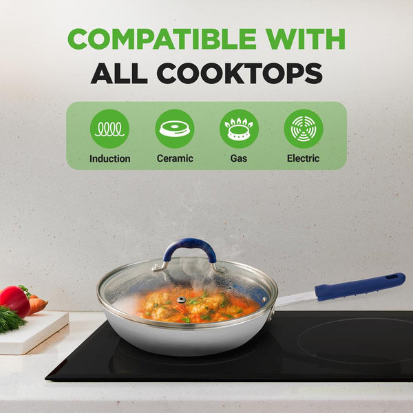 Nutrichef 10" Nonstick Fry Pan With Lid Ceramic Coating Blue Silicone Handle