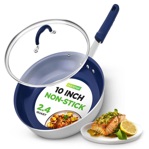 nutrichef 10" Nonstick Fry Pan with Lid Ceramic Coating Blue Silicone Handle