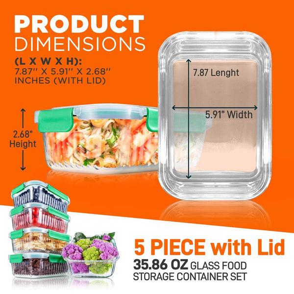 Nutrichef 10-Piece Glass Food Storage Set - Leakproof Airtight Lids Oven Safe
