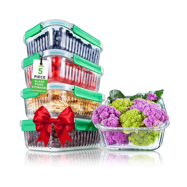 nutrichef 10-Piece Glass Food Storage Set - Leakproof Airtight Lids Oven Safe