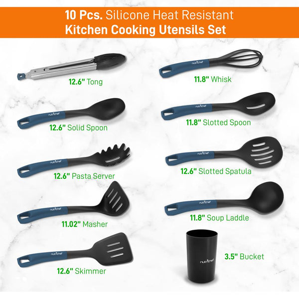 Nutrichef 10-Piece Non-Stick Silicone Utensils Set - Heat Resistant Blue