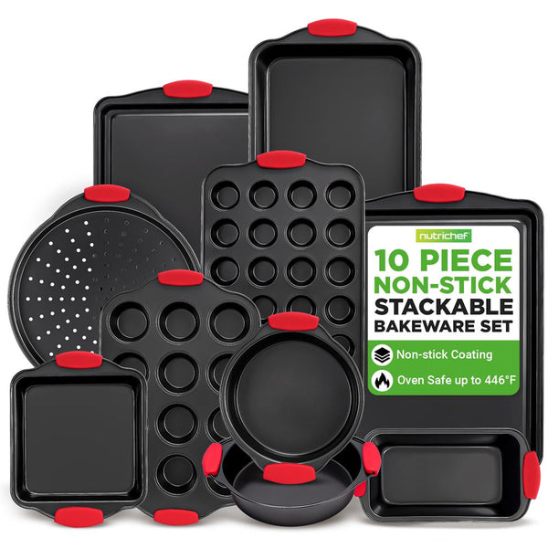 nutrichef 10-Piece Nonstick Bakeware Set Easy Clean Carbon Steel Red Handles